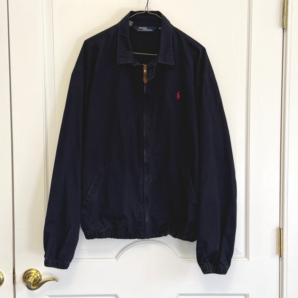 Polo Ralph Lauren Harrington Jacket Mens XL Navy Blue Cotton Plaid Collar Coat